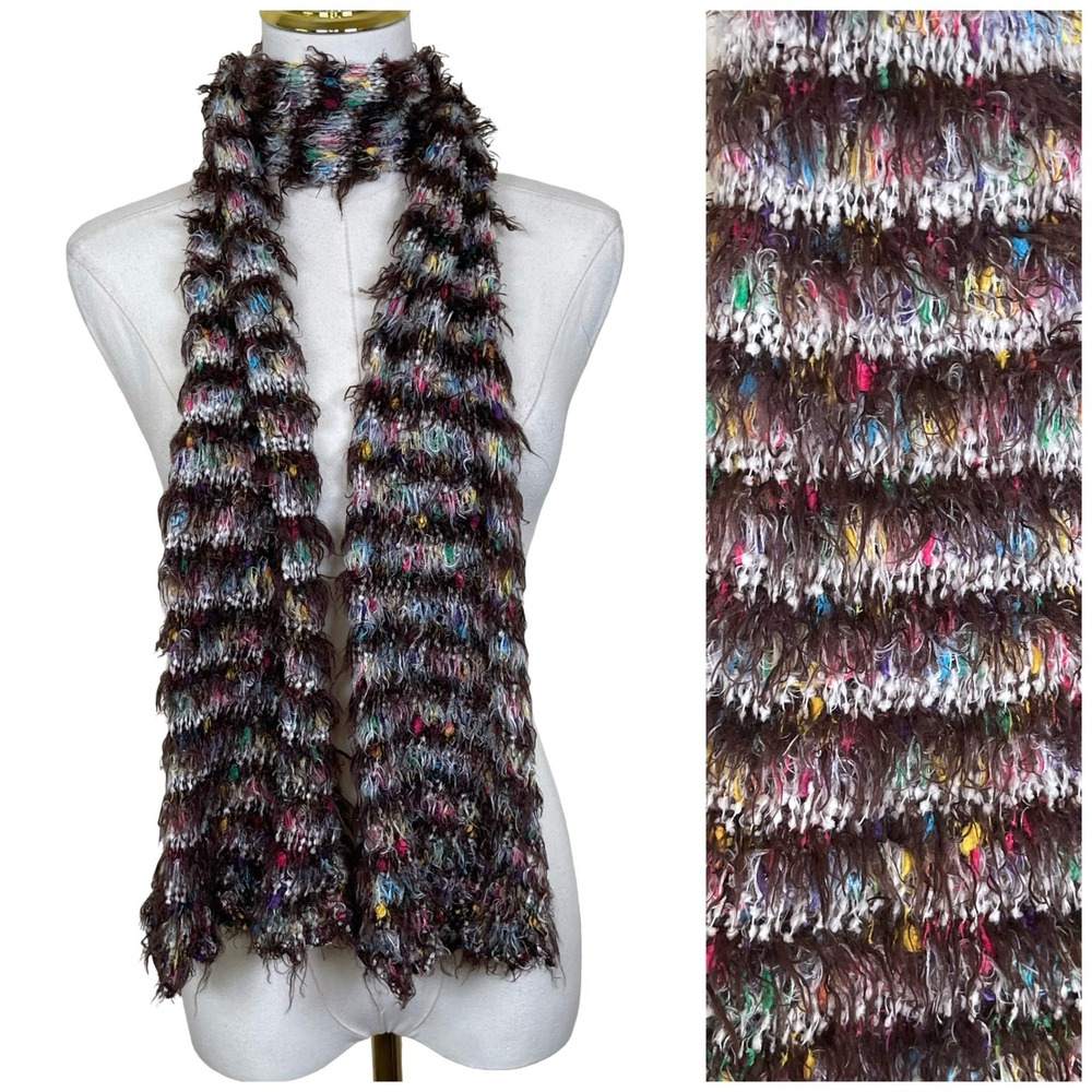Vintage Fuzzy Eyelash Knit Scarf Brown Multi Color‎ Shaggy Striped Boho Y2K